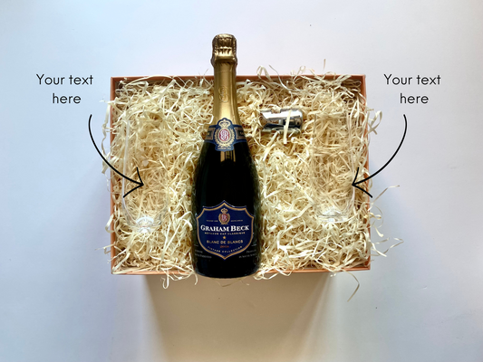 Graham Beck MCC Champagne in box, stemless flute glasses in box